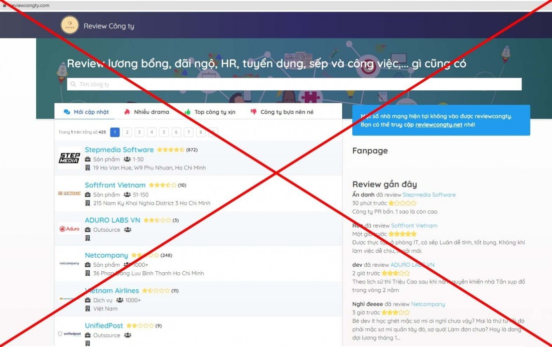 Mạng xã hội reviewcongty.net và reviewcongty.comn bị kiến nghị xử lý do có nhiều hoạt động vi phạm pháp luật Việt Nam. Ảnh: VnMedia