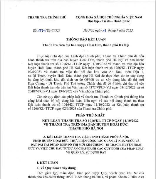 Thanh tra Chính phủ công bố loạt sai phạm 'khủng' tại Khu đô thị mới Kim Chung - Di Trạch
