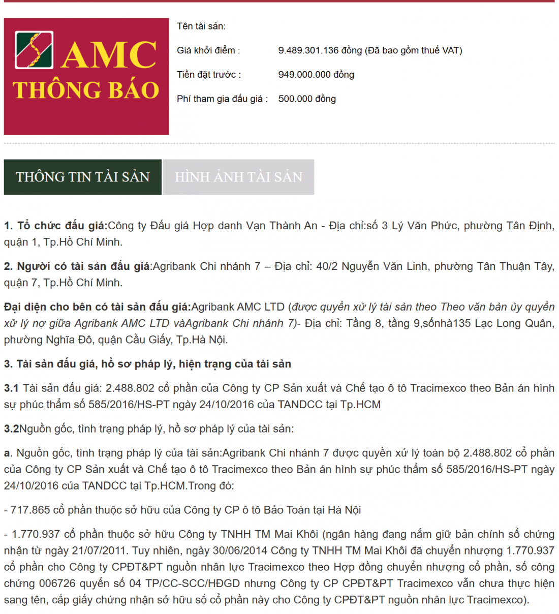 Thông báo trên websỉte của Agribank AMC.