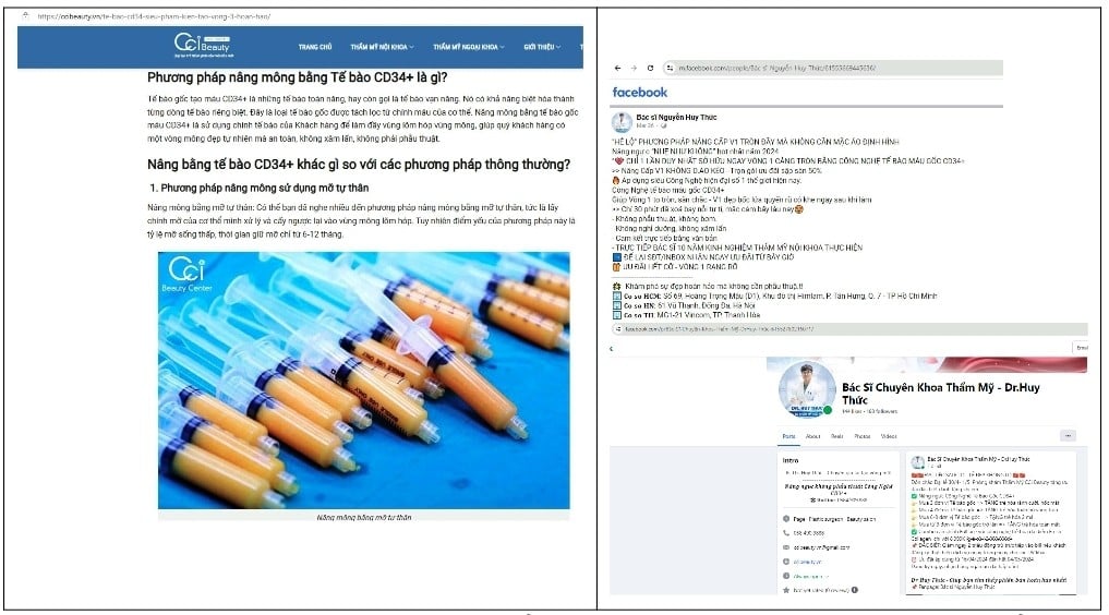Công nghệ tế bào gốc CD34+ sử dụng nâng ngực, nâng mông... của CCI Beauty được quảng cáo trái phép trên website và các trang facebook có liên quan đến cơ sở.   