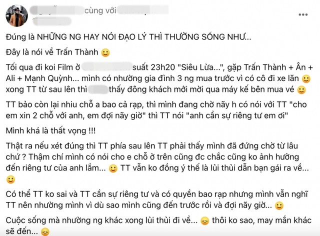 Bài viết tố cáo hành vi chen ngang, bao cả rạp vì muốn có sự riêng tư của Trấn Thành. Ảnh chụp màn hình