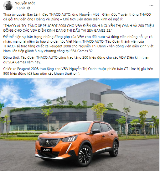 Dòng trạng thái thông báo về phần quà mà Tập đoàn THACO dành cho VĐV Nguyễn Thị Oanh. Ảnh chụp màn hình