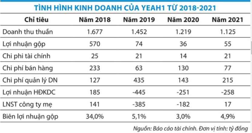 Tình hình kinh doanh của YEAH1 từ 2018-2021.