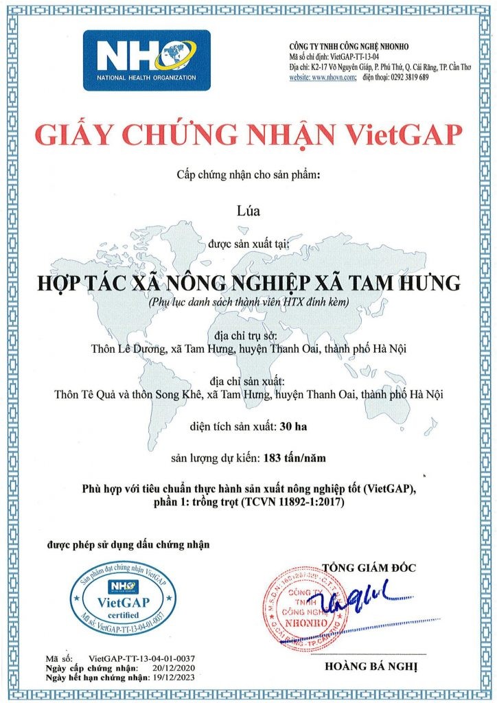 Một mẫu Giấy chứng nhận VietGAP. 