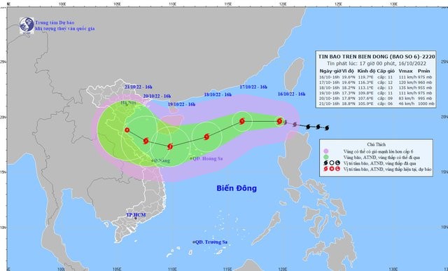 Dự báo vị trí và đường đi của bão số 6 (bão NESAT). Ảnh NCHMF
