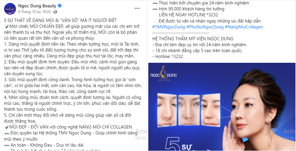 Quảng cáo về nâng mũi bằng chỉ collagen trên fanpage của Thẩm mỹ Ngọc Dung. Ảnh chụp màn hình
