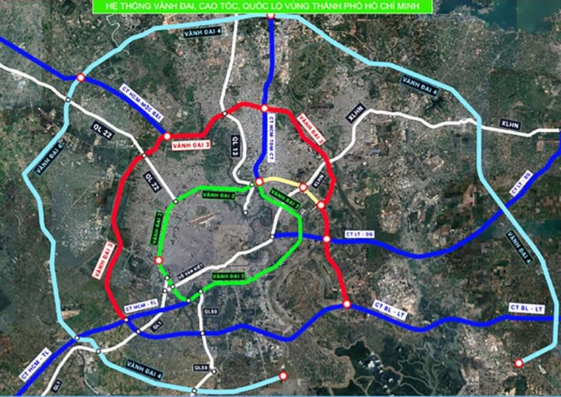 Sơ đồ các tuyến vành đai xung quanh TP.HCM. Ảnh: Báo cáo nghiên cứu tiền khả thi.