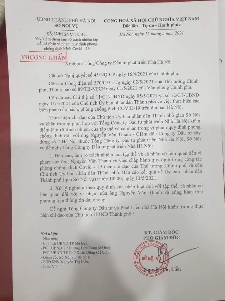 Sở Nội vụ TP Hà Nội yêu cầu xử lý nghiêm đối với ông Nguyễn Văn Thanh - Giám đốc Công ty Đầu tư xây dựng số 2 Hà Nội