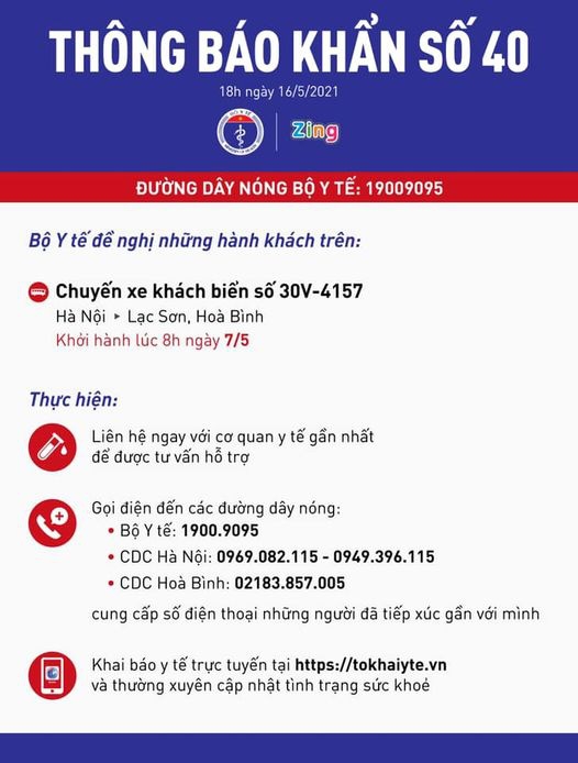 Thông báo khẩn của Bộ Y tế tối ngày 16/5/2021