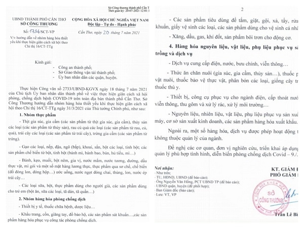 Văn bản hướng dẫn về nhóm hàng hóa thiết yếu của Sở Công Thương TP Cần Thơ.