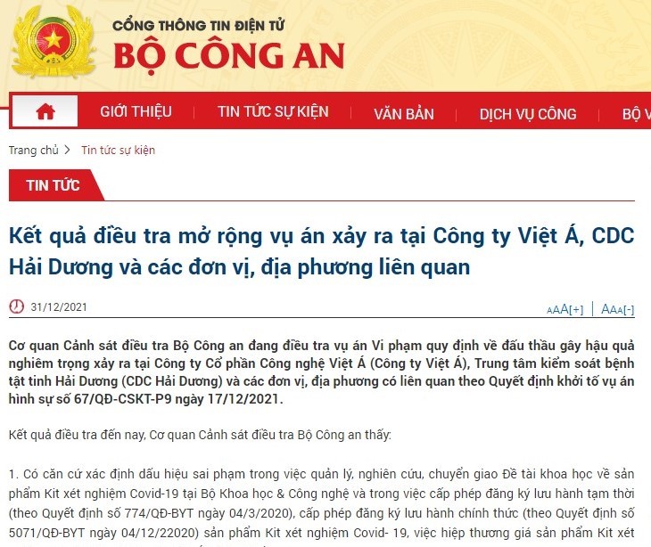 Bộ Công an thông tin kết quả điều tra mở rộng vụ án xảy ra tại Công ty Việt Á, CDC Hải Dương và các đơn vị, địa phương liên quan.