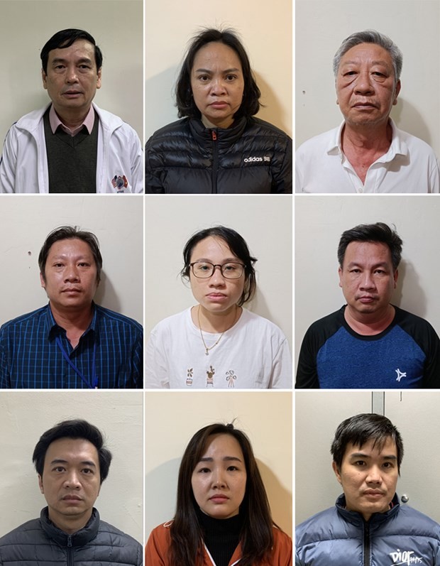 Các bị can: Định; Thắm; Danh; Phong; Xuyên; Cường; Giang; Thúy; Nguyên (lần lượt từ trái sang phải, từ trên xuống dưới). Ảnh BCA