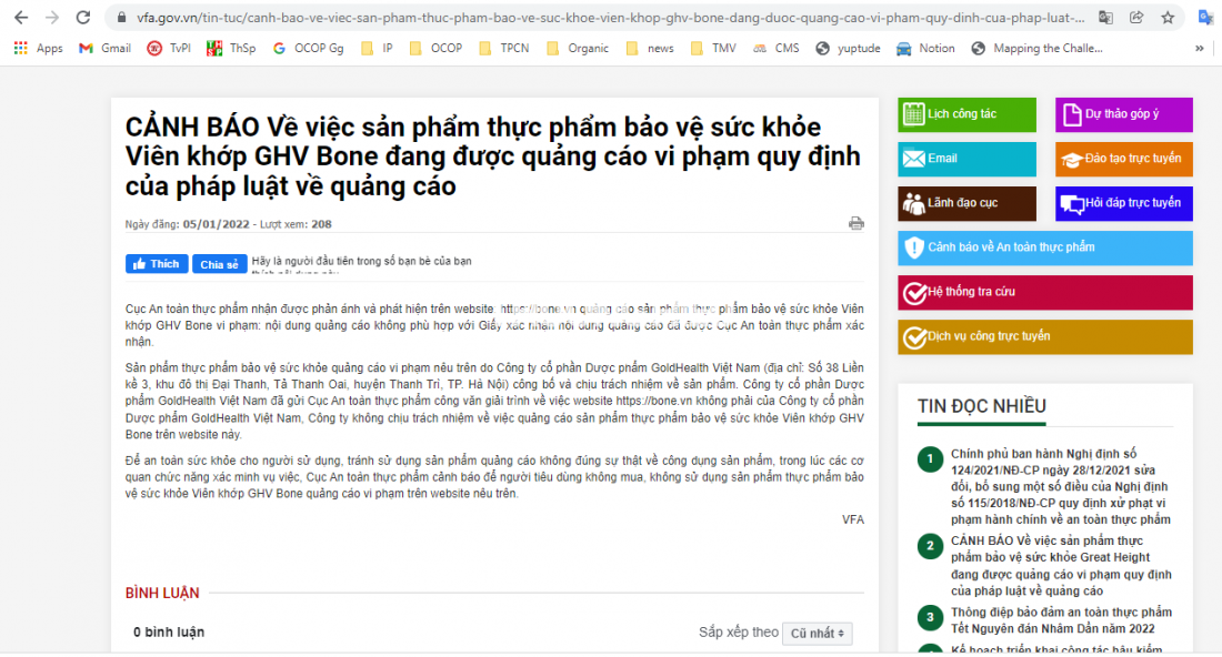 Cục An toàn thực phẩm đưa ra cảnh báo về sản phẩm thực phẩm bảo vệ sức khỏe Viên khớp GHV Bone
