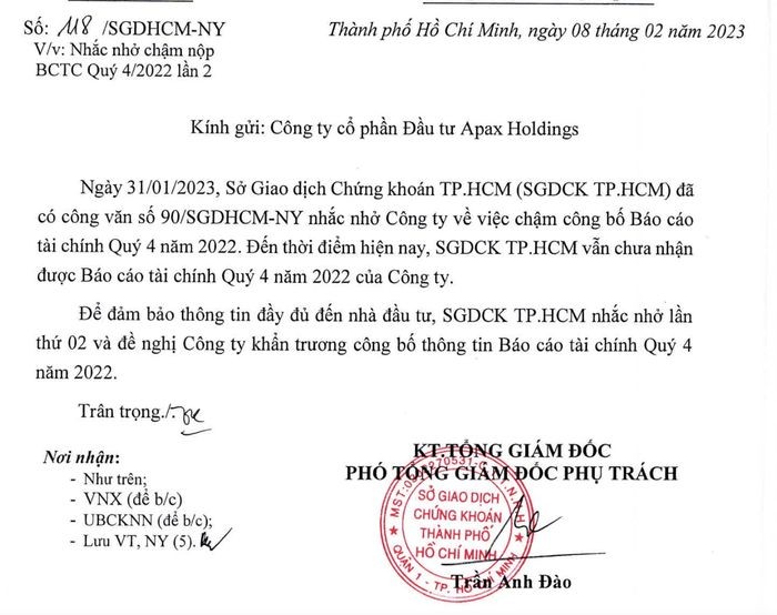 HoSE ra văn bản nhắc nhở lần 2 về việc chậm nộp báo cáo tài chính quý 4.2022 đối với Công ty của Shark Thủy