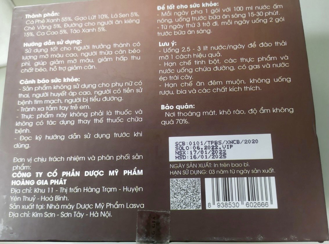 Thu hồi sản phẩm thực phẩm bổ sung cafe Hoàng Gia