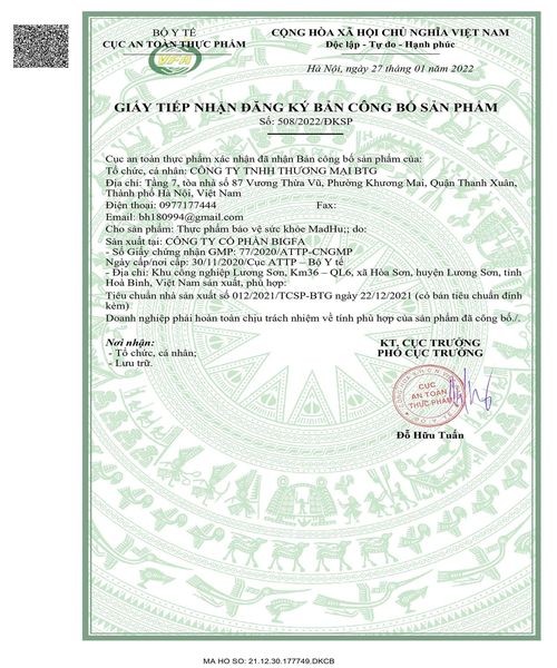Thực phẩm bảo vệ sức khỏe MadHu do CT TNHH Thương Mại BTG địa chỉ: Tầng 7, tòa nhà số 87 Vương Thừa Vũ, phường Khương Mai, quận Thanh Xuân, Hà Nội công bố và chịu trách nhiệm sản phẩm.