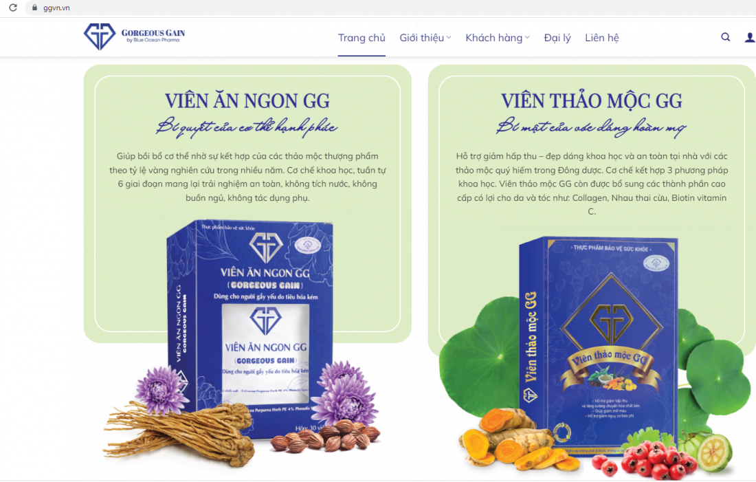 website/đường link: https://www.ggvn.vn  quảng cáo sản phẩm Thực phẩm bảo vệ sức khỏe VIÊN ĂN NGON GG (GORGEOUS GAIN) và VIÊN THẢO MỘC GG không đúng với Giấy xác nhận nội dung quảng cáo đã được cấp và vi phạm quy định của pháp luật về quảng cáo thực phẩm. Ảnh chụp màn hình website
