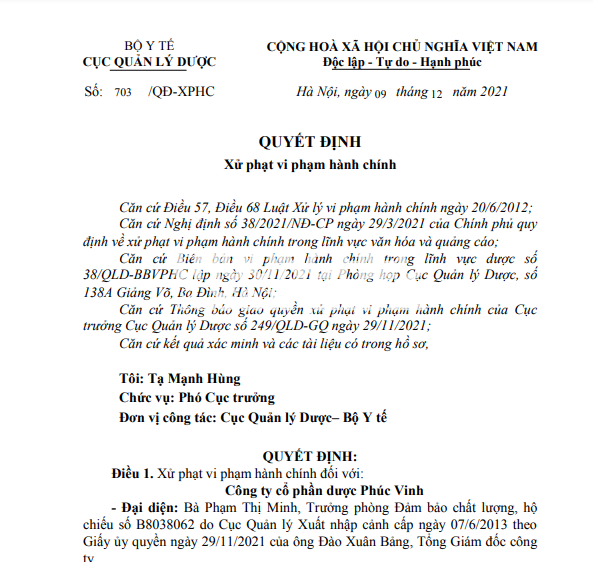 Quyết định xử phạt vi phạm hành chính đối với Công ty dược phẩm Phúc Vinh