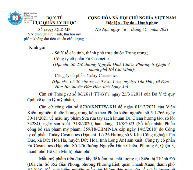 Văn bản của Cục Quản lý Dược về việc thu hồi sản phẩm Sữa rửa tay sạch khuẩn Dr. Clean hương táo