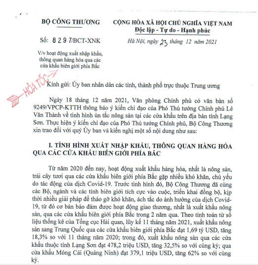 Văn bản hỏa tốc số 8297-BCT/XNK của Bộ Công Thương