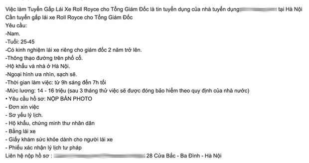 Bài đăng tuyển tài xế riêng của ông Chương.