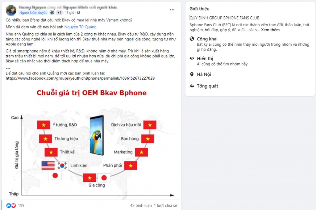 Theo chia sẻ của thành viên Bphone, Bkav đầu tư R&D, xây dựng nền tảng các công nghệ lõi, khi số lượng lớn thì Bkav thuê nhà máy bên ngoài gia công, tương tự như Apple đang làm. Giá trị smartphone nằm ở khâu thiết kế, R&D, không nằm ở nhà máy.