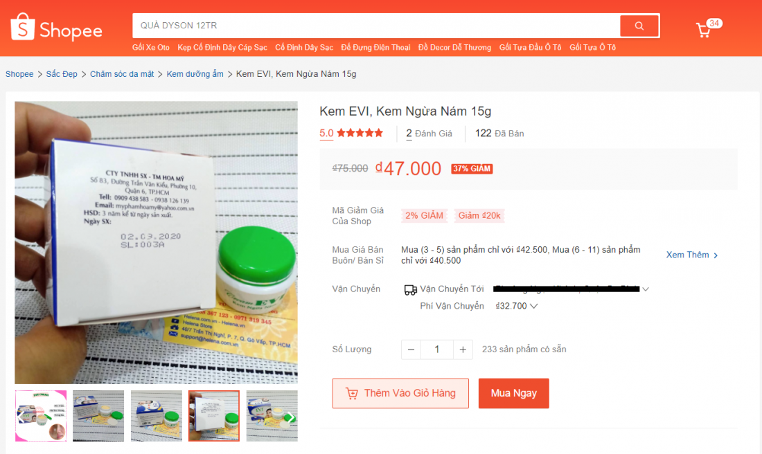 Sản phẩm kem ngừa nám Evi được rao bán trên nhiều sàn thương mại điện tử với số lượng hàng nghìn sản phẩm.