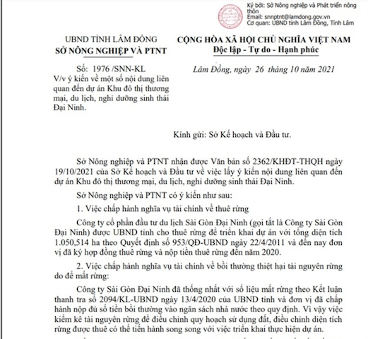 Ảnh: Văn bản số 1976/SNN-KL của Sở Nông nghiệp - Phát triển Nông thôn tỉnh Lâm Đồng.