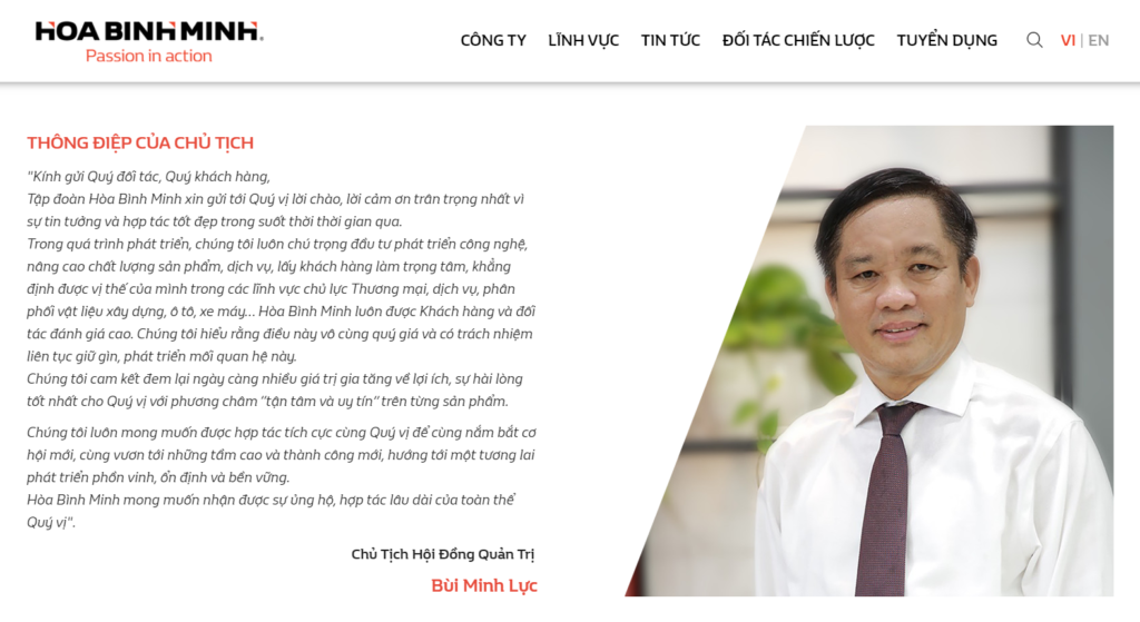 Thông điệp của Chủ tịch HĐQT Hòa Bình Minh - Ông Bùi Minh Lưc.