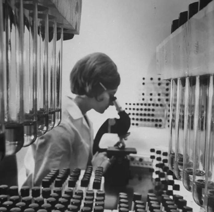 Một kỹ thuật viên phòng thí nghiệm đang tìm kiếm vaccine phòng bệnh sởi tại Trung tâm Y tế Đại học New York, vào khoảng những năm 1960.