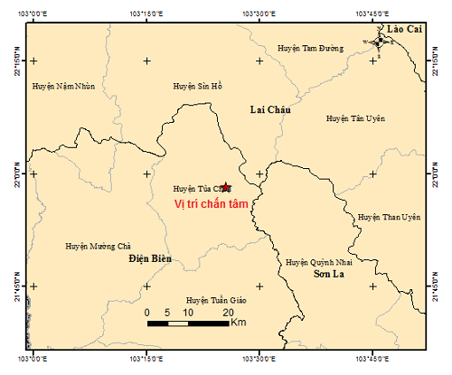  Vị trí xảy ra trận động đất chiều ngày 17/7 tại Tủa Chùa, Điện Biên.