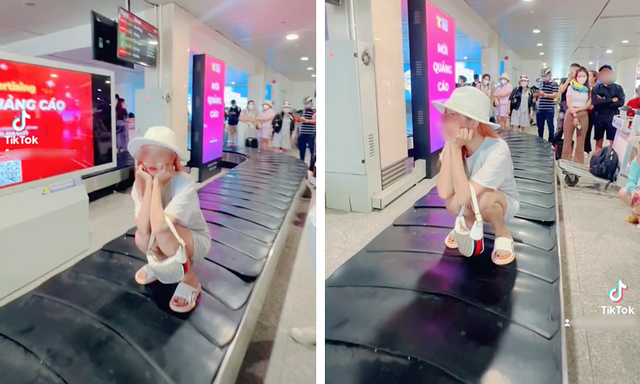 Một cô gái leo lên băng chuyền hành lý ngồi xổm để quay clip đăng TikTok gây bức xúc. 