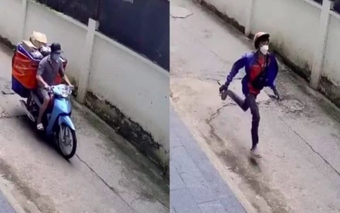 Đối tượng Dương Nguyễn Hoàng Sơn (ảnh trái) trộm chiếc xe cùng thùng hàng bỏ chạy, anh Nguyễn Khánh Duy (ảnh phải) chạy đuổi theo phía sau. Ảnh: FB