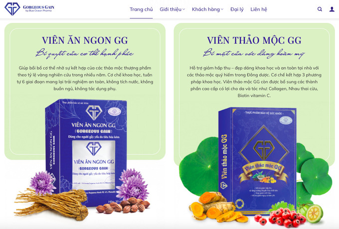 Hình ảnh quảng cáo sản phẩm thực phẩm bảo vệ sức khỏe Viên ăn ngon GG (Gorgeous Gain) và Viên thảo mộc GG trên website https://www.ggvn.vn.