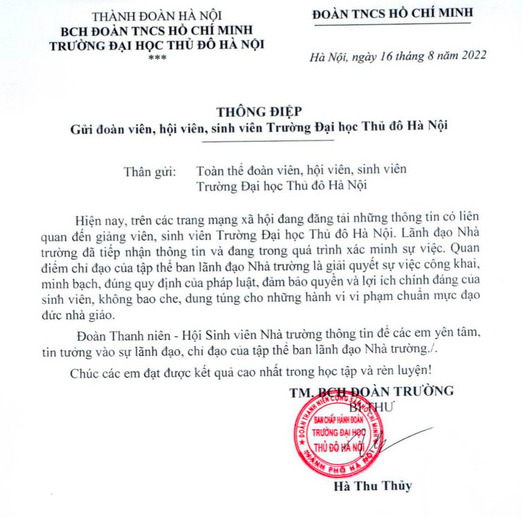 Văn bản của Đoàn trường Đại học Thủ đô Hà Nội.
