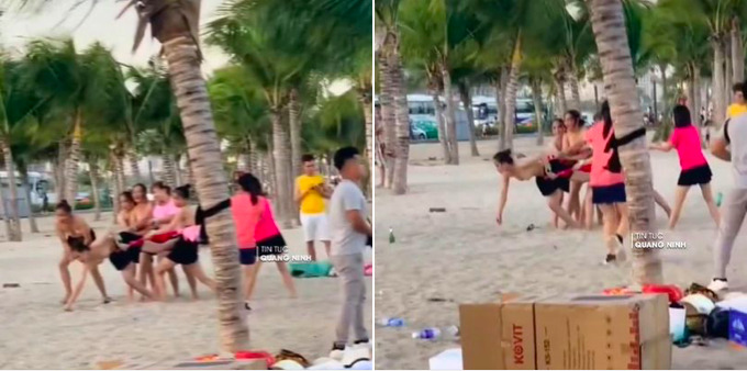 Hình ảnh nhóm du khách nữ 'lộ hàng', chơi team building ở bãi biển Hạ Long, được lan truyền trong ngày 13/9. Ảnh: FB