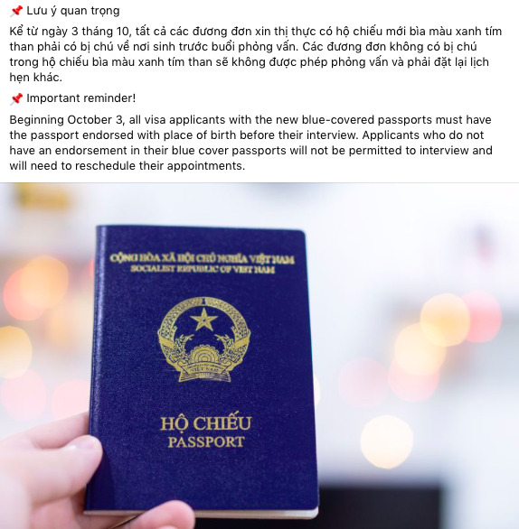 Thông báo mới từ Tổng lãnh sự quán Mỹ tại TP.HCM liên quan hộ chiếu mới của Việt Nam. Ảnh chụp màn hình