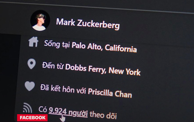 Facebook của ông chủ Meta Mark Zuckerberg hiển thị gần 10.000 lượt theo dõi. Ảnh chụp màn hình