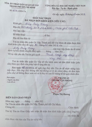 Tòa án xác nhận đã nhận đơn khởi kiện của bà Đặng Thùy Trang. Ảnh: NVCC