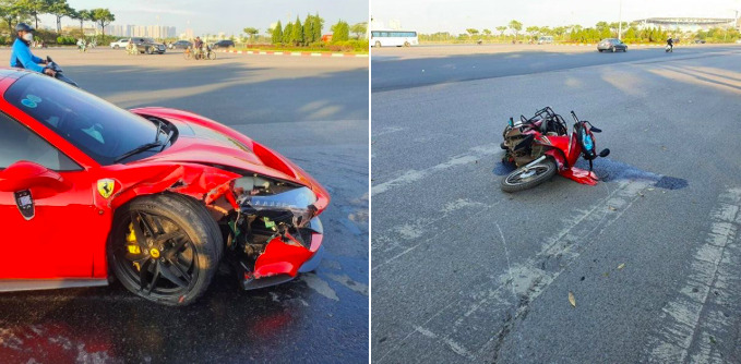 Tại hiện trường tai nạn, xe Ferrari 488 nát phần đầu bên phải, chiếc xe máy cũng hư hỏng nặng, đổ giữa đường. Ảnh: T.L