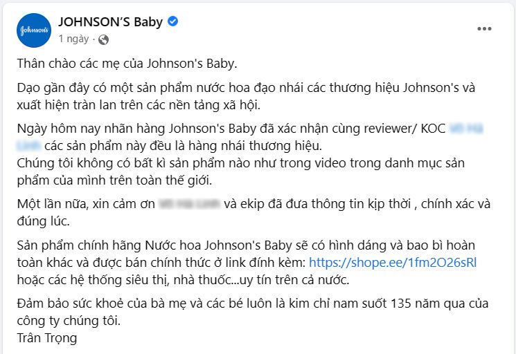 Nhãn hàng JOHNSON’S Baby lên tiếng về việc bị nhái thương hiệu (Ảnh chụp màn hình) 