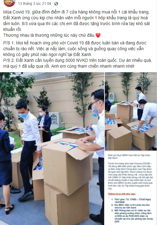 Một bài đăng của CBNV trên Facebook sau khi nhận được quà tặng là khẩu trang từ Công đoàn.