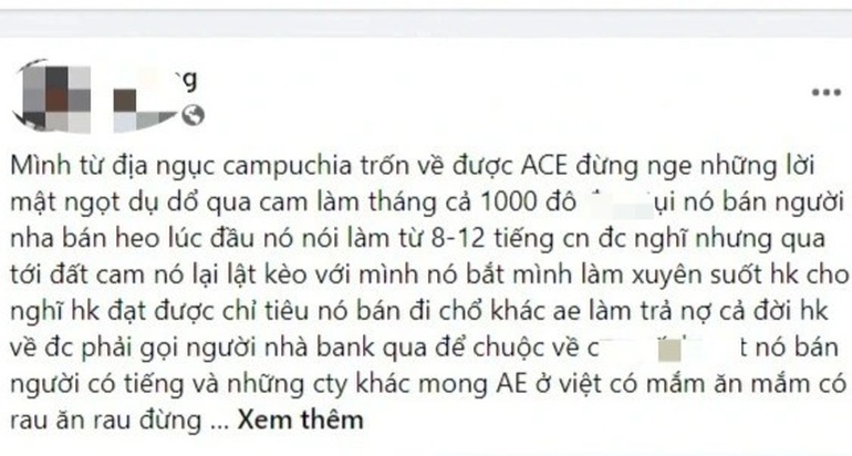 Một thông tin trên mạng xã hội được cho là người lao động bị lừa sang Campuchia tìm việc làm. Ảnh chụp từ Facebook.
