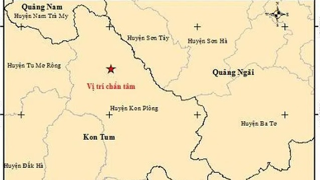 Bản đồ chấn tâm động đất lúc 04h04 phút 03 giây (giờ Hà Nội) tại huyện Kon Plông (tỉnh Kon Tum). Ảnh: Viện Vật lý đa cầu