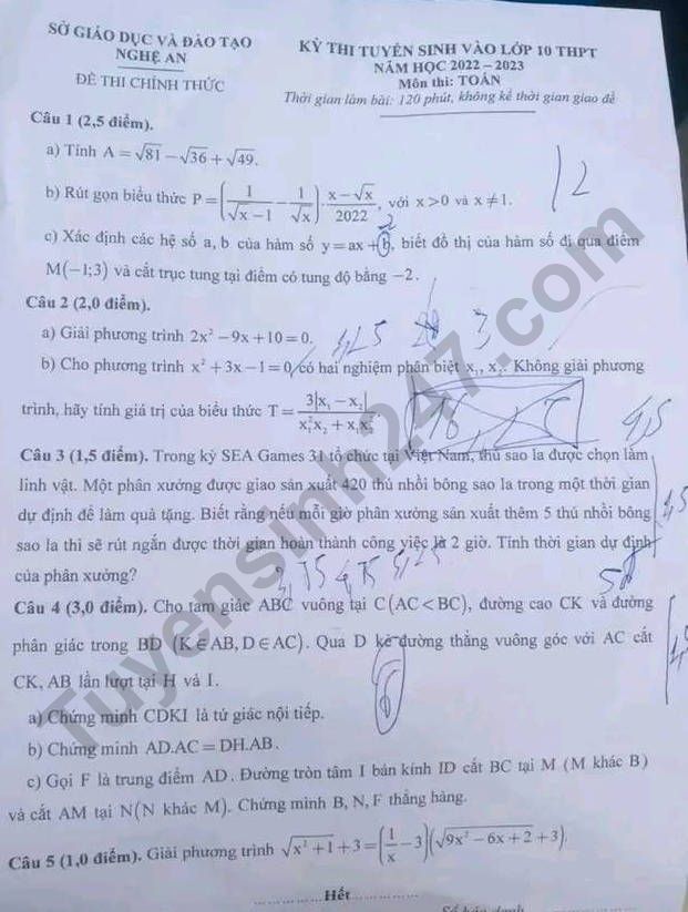 Đáp án đề thi vào lớp 10 Nghệ An môn Toán năm 2022