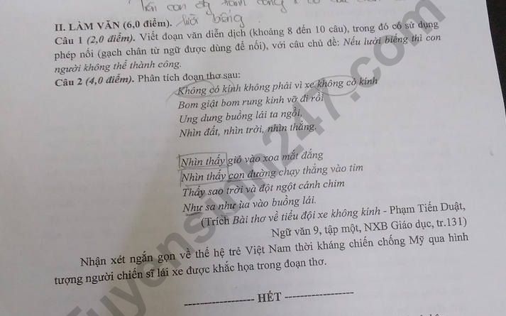 Đề thi lớp 10 THPT môn Ngữ Văn tỉnh Hưng Yên năm 2022