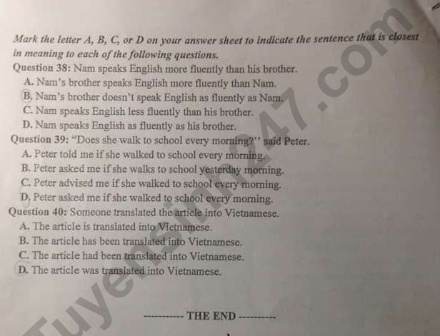 Đề thi lớp 10 môn Tiếng Anh tỉnh Thái Nguyên năm 2022