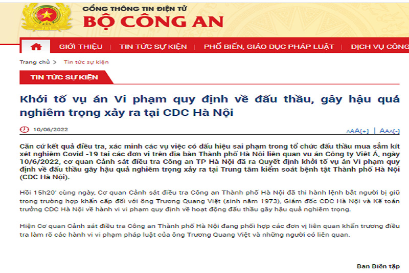 Bộ Công an thông tin về những vi phạm của Giám đốc CDC Hà Nội Trương Quang Việt trong vụ mua kit test Việt Á. (Ảnh chụp màn hình).