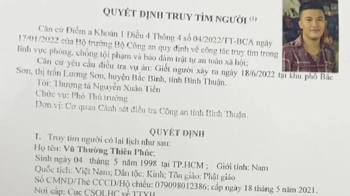 Quyết định truy tìm của Cơ quan CSĐT Công an tỉnh Bình Thuận.