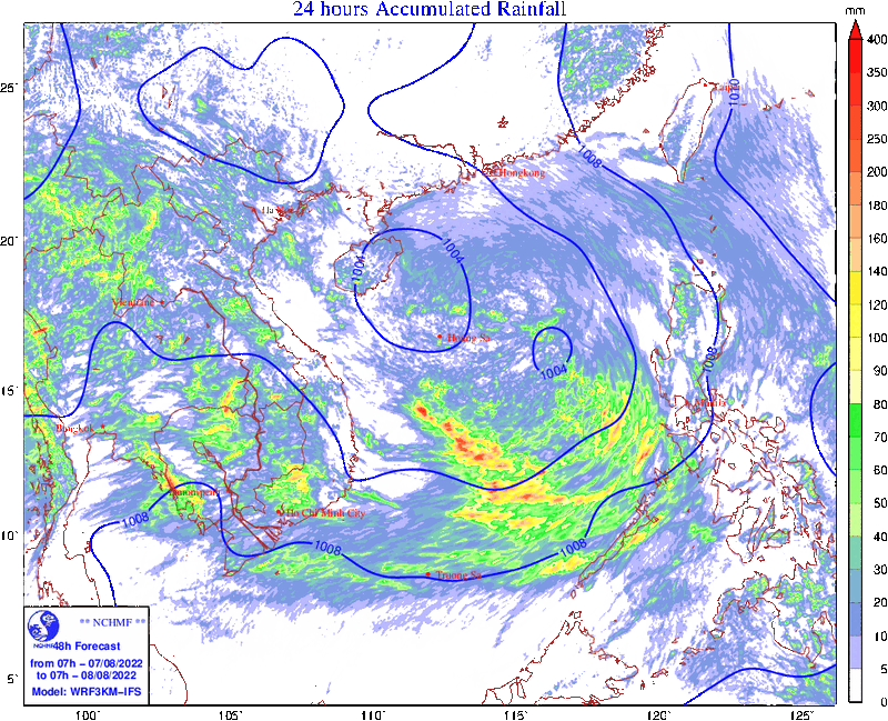 Biểu đồ thể hiện vùng mưa tại các khu vực trong ngày 7/8 (Ảnh: Trung tâm Dự báo Khí tượng thuỷ văn Quốc gia).